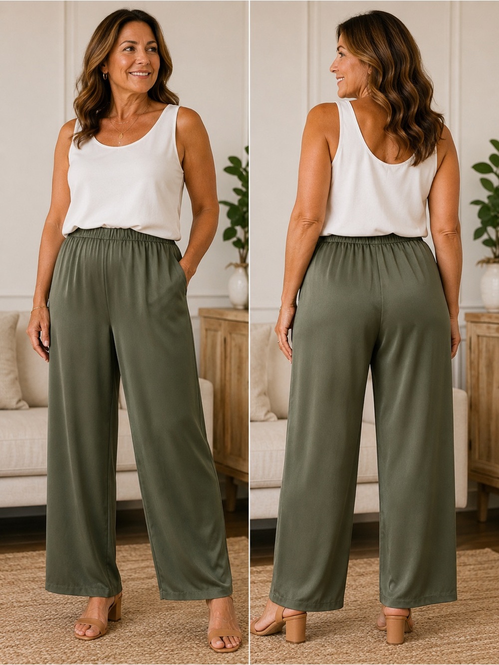 Lafayette 148 New York 100% Silk Pull-On Pants Olive Green Straight Leg